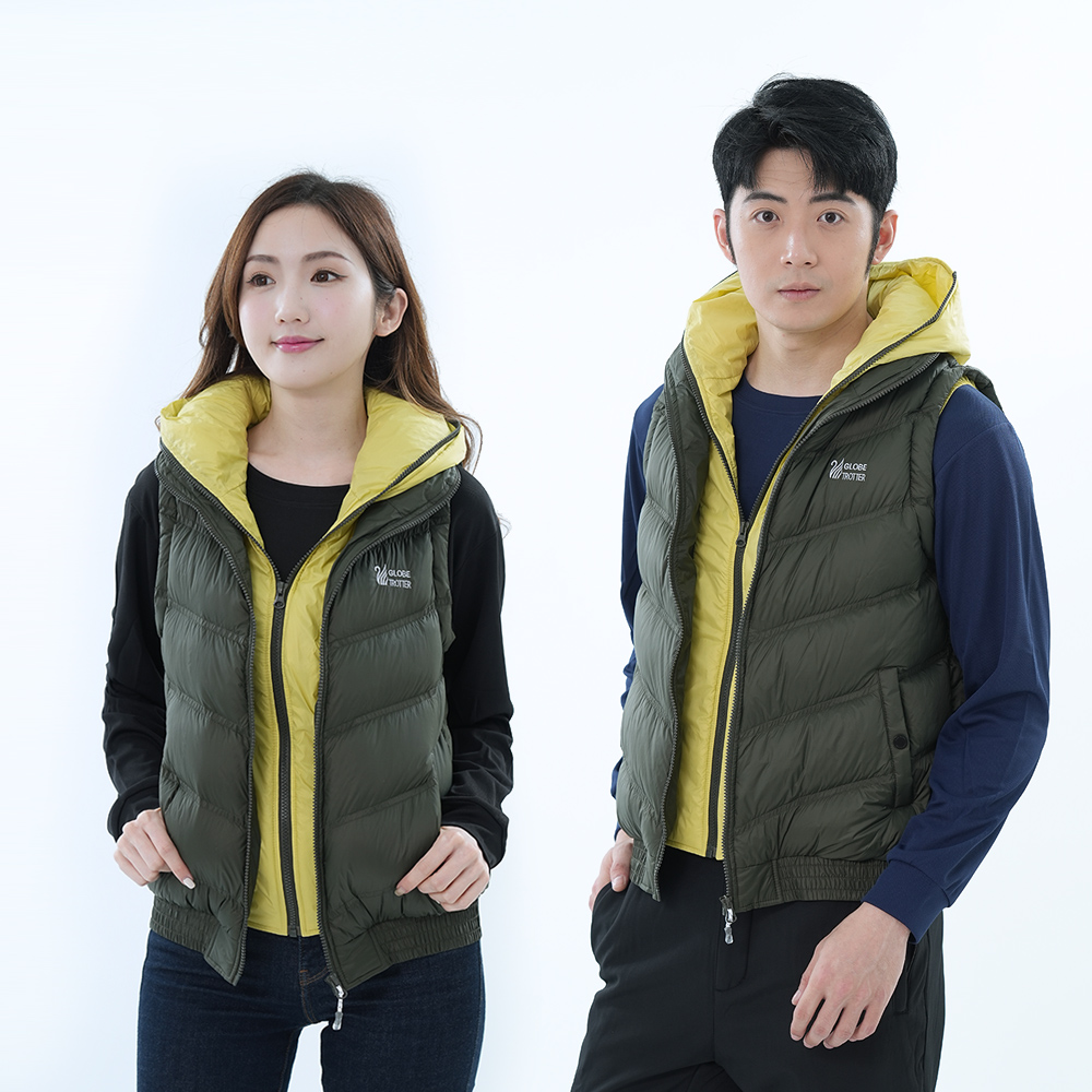 男女款假二件式防潑水防風連帽保暖90%羽絨背心GV22018 / 墨綠 (M-5L 大尺碼)