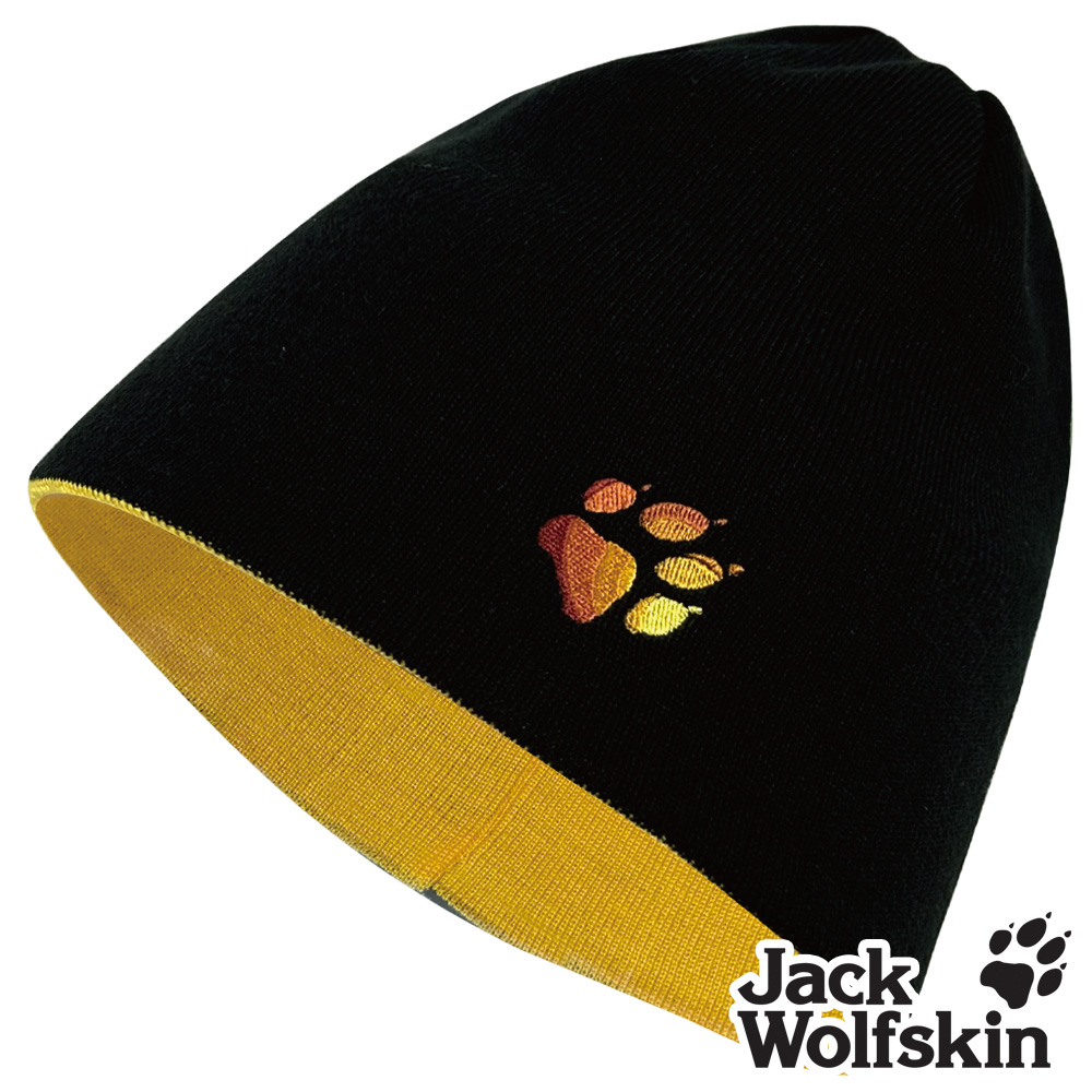 【Jack wolfskin 飛狼】小狼爪LOGO條紋針織保暖帽 雙面戴毛帽『黑配黃』