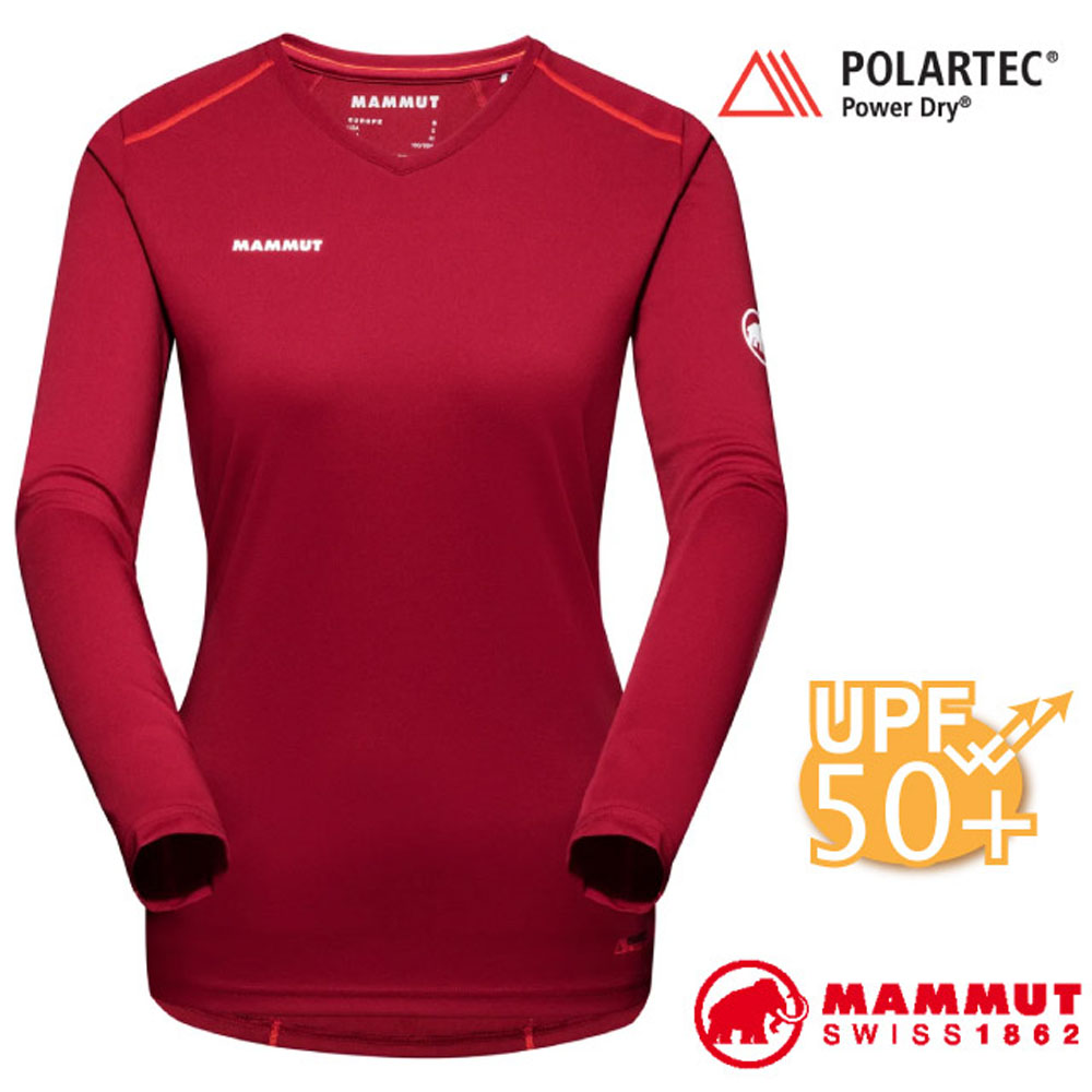 【MAMMUT 長毛象】Sertig Longsleeve 女 長袖V領多功能排汗上衣/1016-00040-3718 緋紅/火熱紅