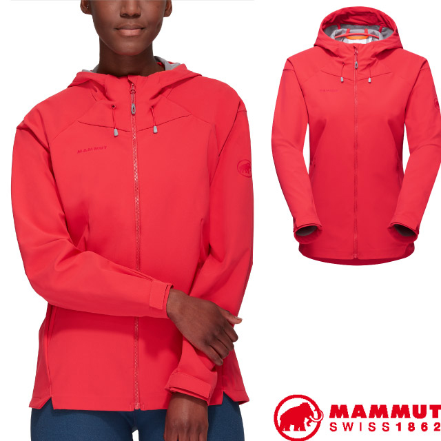 【長毛象】女新款 Sapuen SO Hooded 超輕量防潑水防風透氣軟殼連帽外套 1011-01060-3500 日落紅