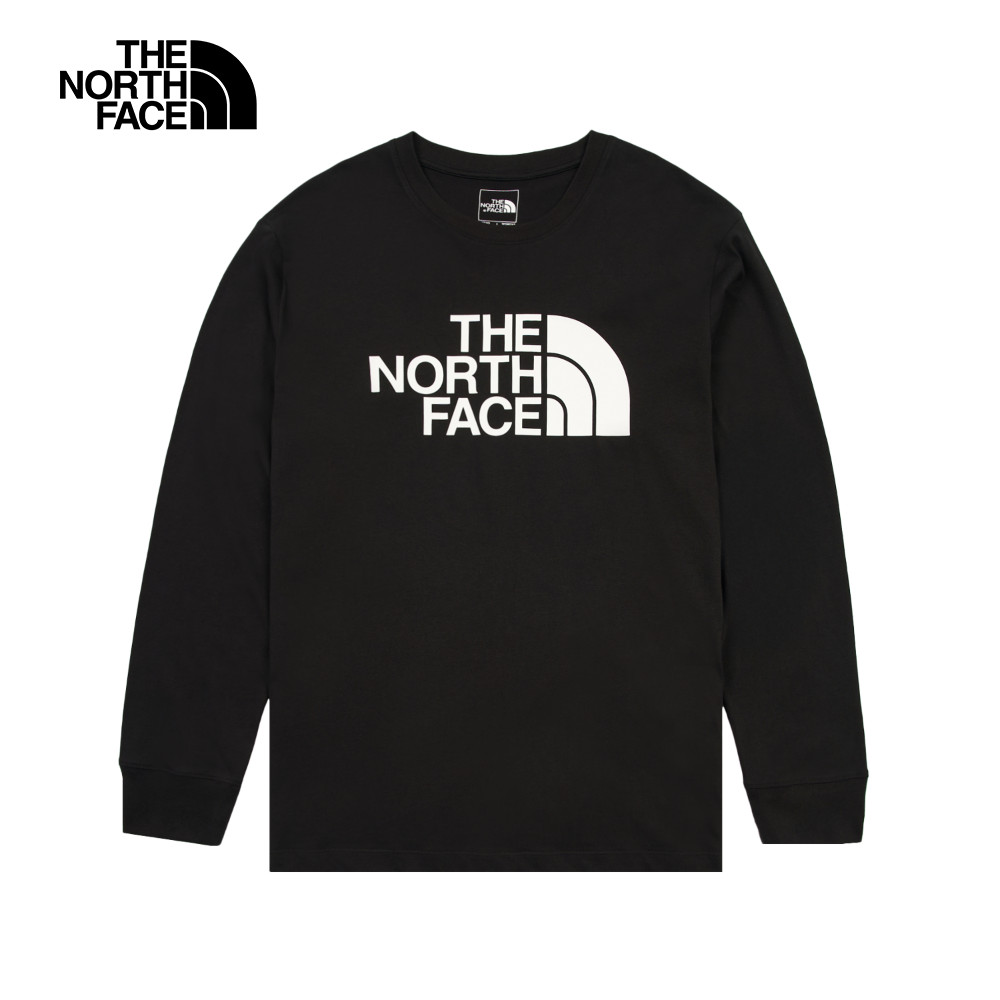 The North Face北面男女款黑色純棉品牌LOGO印花長袖上衣｜8D7RJK3