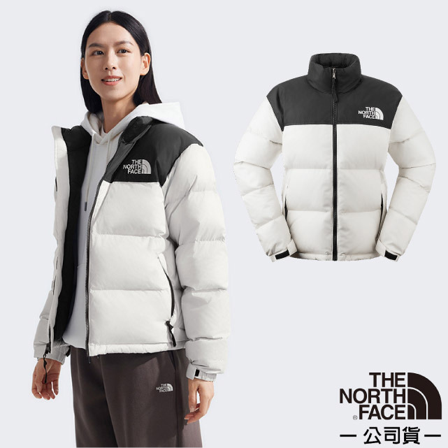 【The North Face】女 拼接防潑水舒適保暖可收納連帽羽絨外套/3XEO-ROU 沙丘白