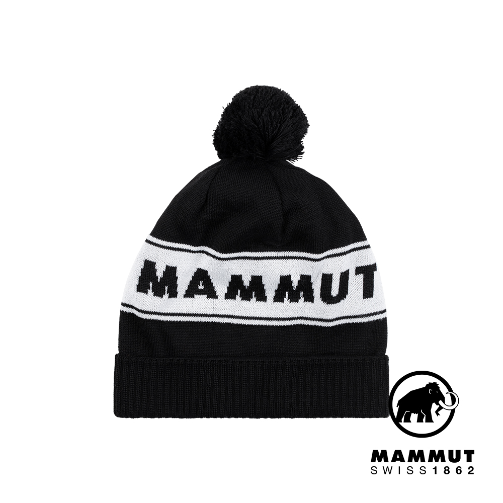 【Mammut 長毛象】Peaks Beanie 保暖針織LOGO毛球羊毛帽 黑/白 #1191-01100