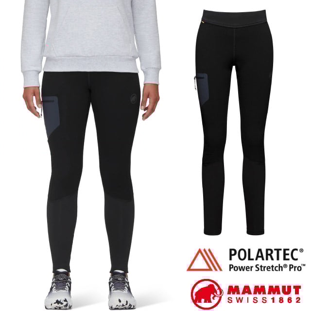 【MAMMUT 長毛象】女 Aconcagua 輕量透氣耐磨保暖刷毛緊身長褲/1022-00224-0001 黑