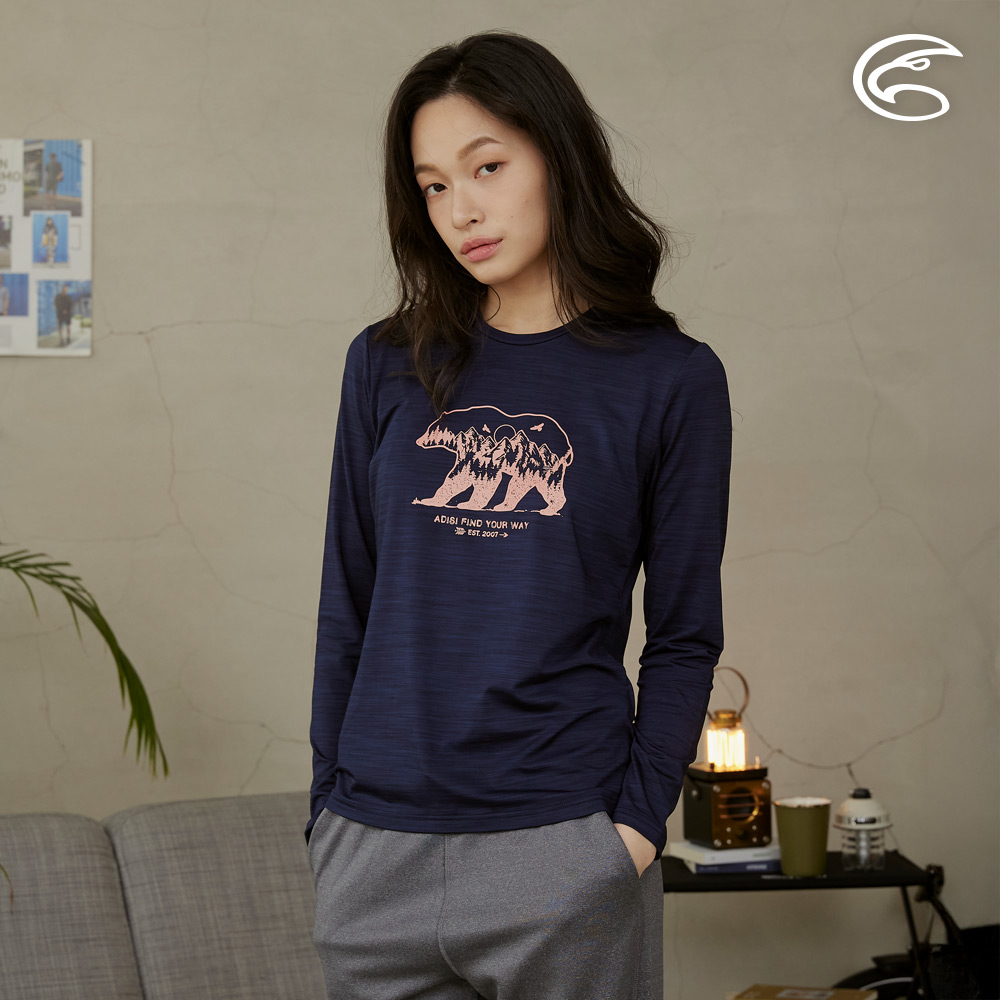 ADISI 女圓領圖騰雲彩紗透氣快乾保暖上衣(熊) AL2421038-深藍