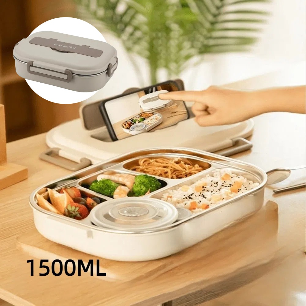 【A&R】日式304不鏽鋼五格微波便當盒附贈湯碗+餐具 1500ML 拿鐵咖