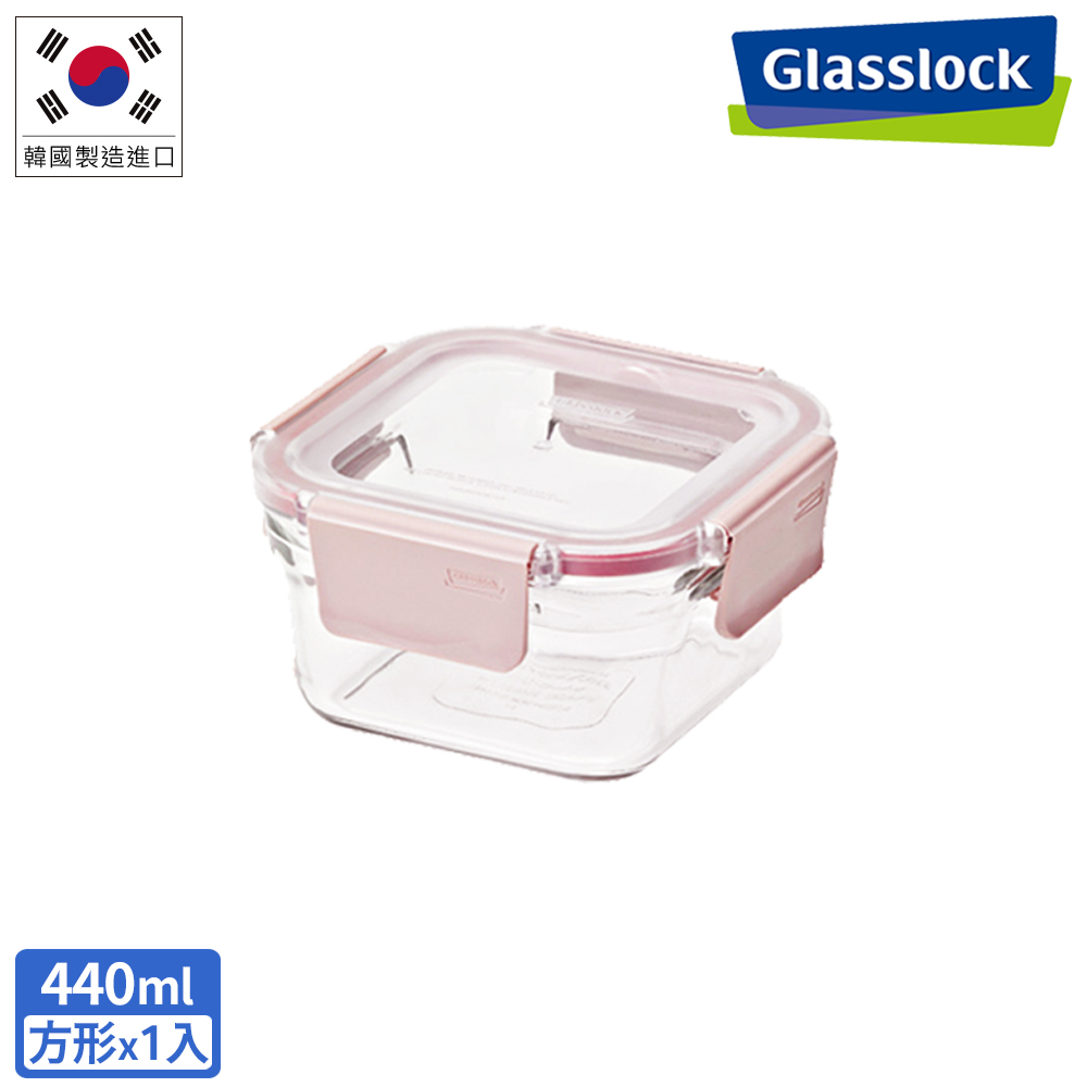 Glasslock 櫻花粉晶透上蓋玻璃微波保鮮盒-正方形440ml