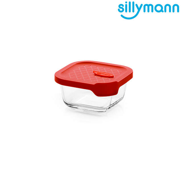 【韓國sillymann】 100%鉑金矽膠微波烤箱輕量玻璃保鮮盒(正方型300ml)-紅