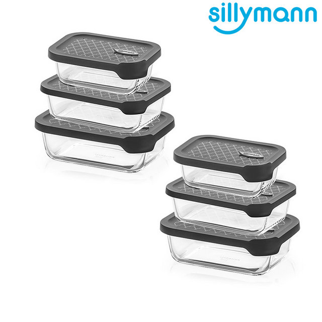 【韓國sillymann】長方型家庭六件組-100%鉑金矽膠微波烤箱輕量玻璃保鮮盒組-灰