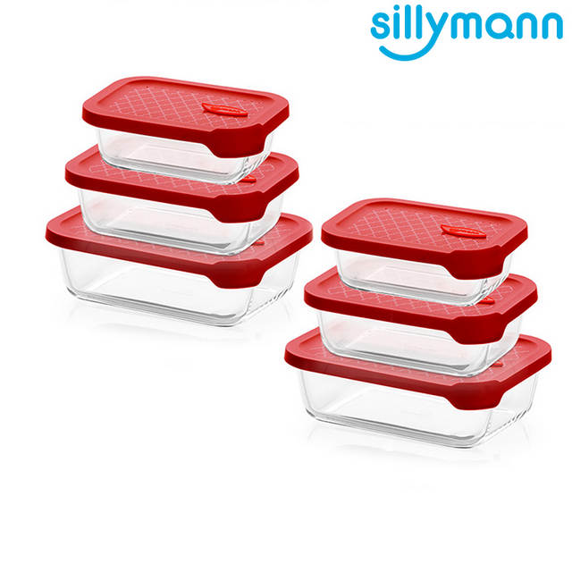 【韓國sillymann】長方型家庭六件組-100%鉑金矽膠微波烤箱輕量玻璃保鮮盒組-紅