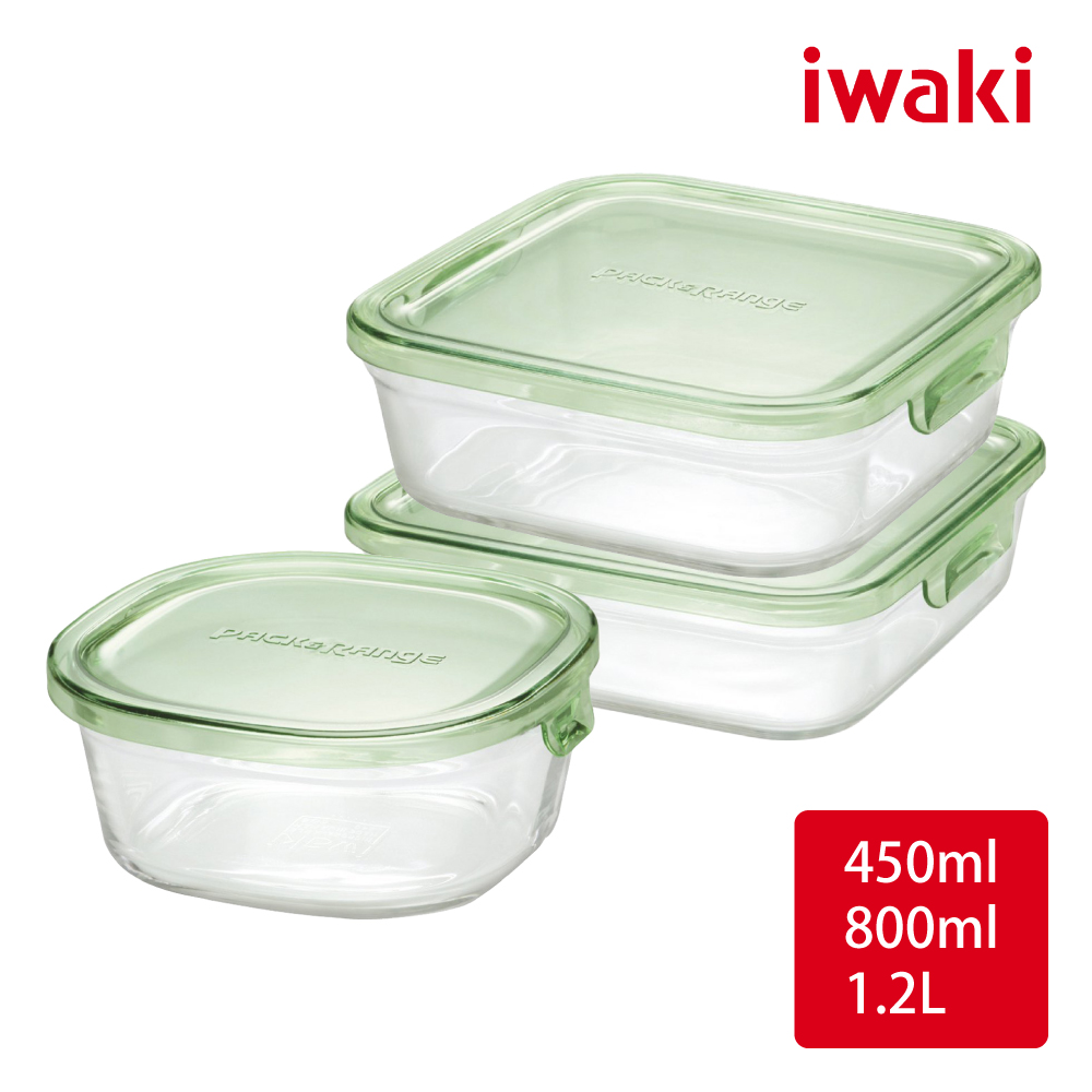 【iwaki】日本耐熱玻璃微波保鮮盒三件組(450ml+800ml+1.2L)
