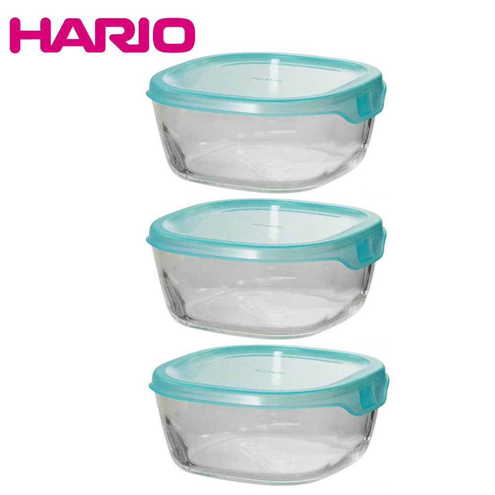 HARIO 方形清透藍玻璃保鮮盒3件組