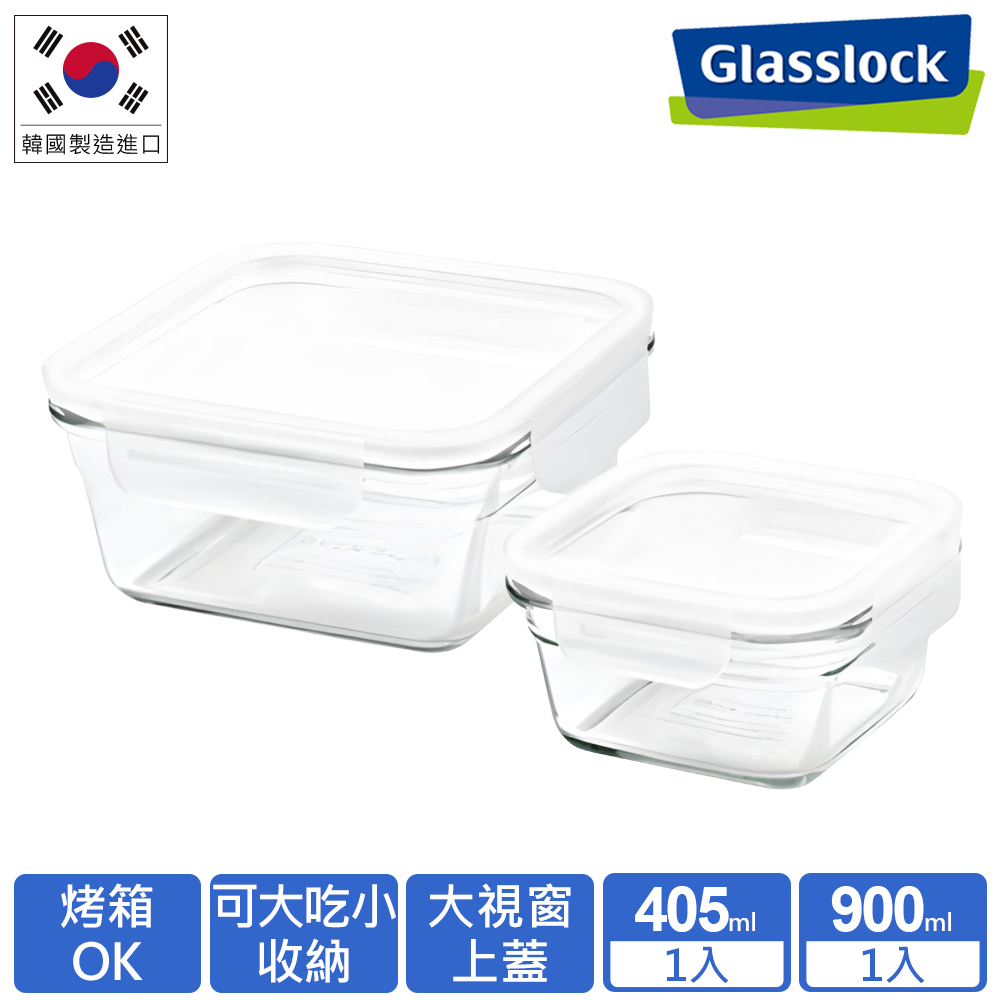 【Glasslock】強化玻璃微波烤箱兩用大視窗保鮮盒-正方2入組