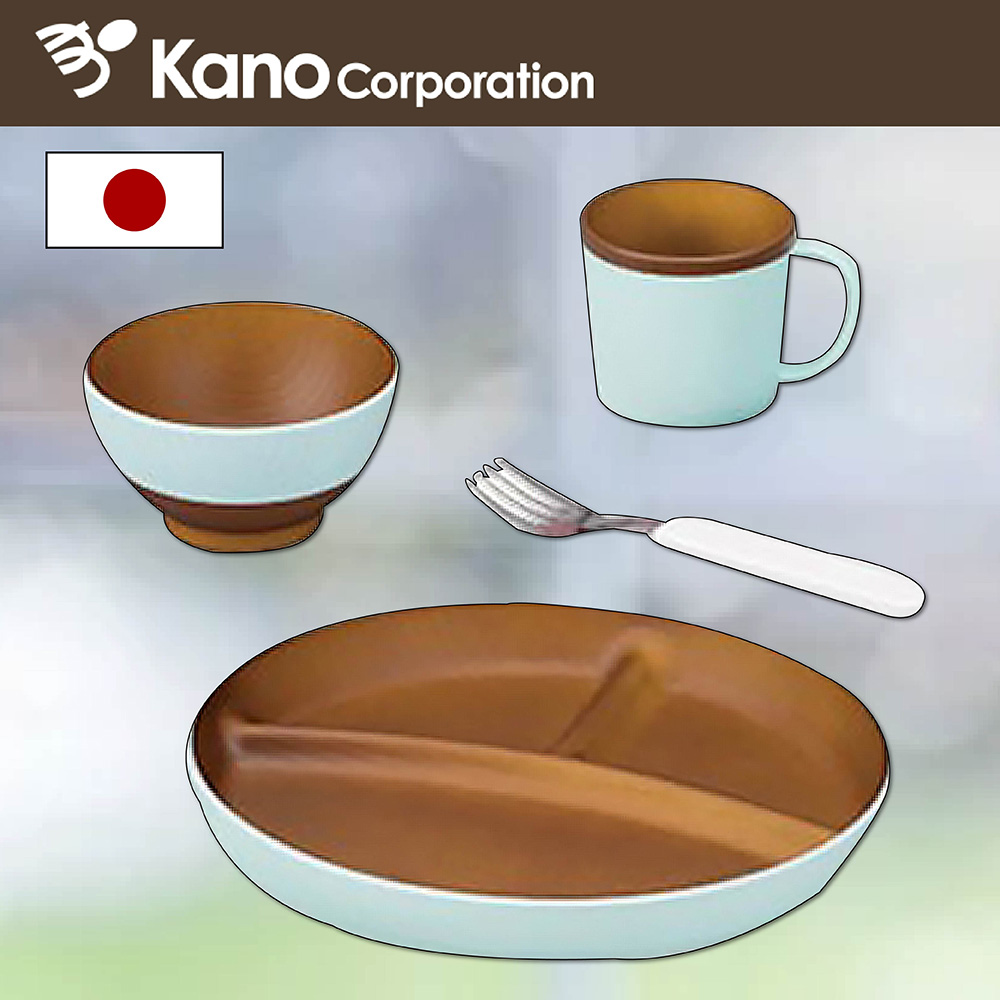 【日本KANO】日本製WOODY兒童餐具4件組 水藍色 可微波 可洗碗機 托盤/飯碗/馬克杯/餐叉