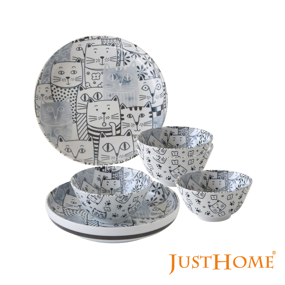 Just Home日本製滿版貓咪世界陶瓷碗盤餐具6件組-2款可選(日本製 碗 盤)