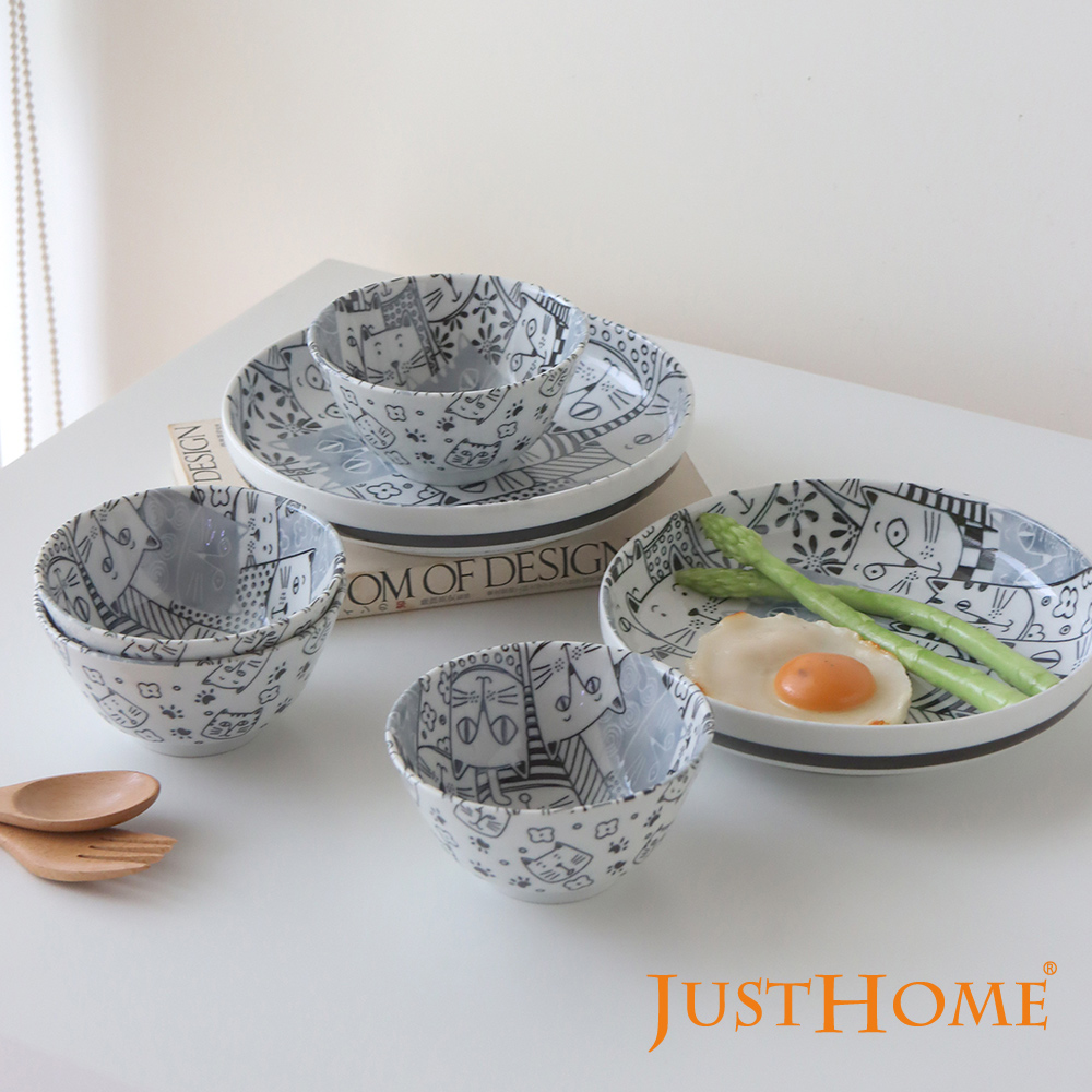 Just Home日本製滿版貓咪世界陶瓷碗盤餐具6件組-2款可選(日本製 碗 盤)