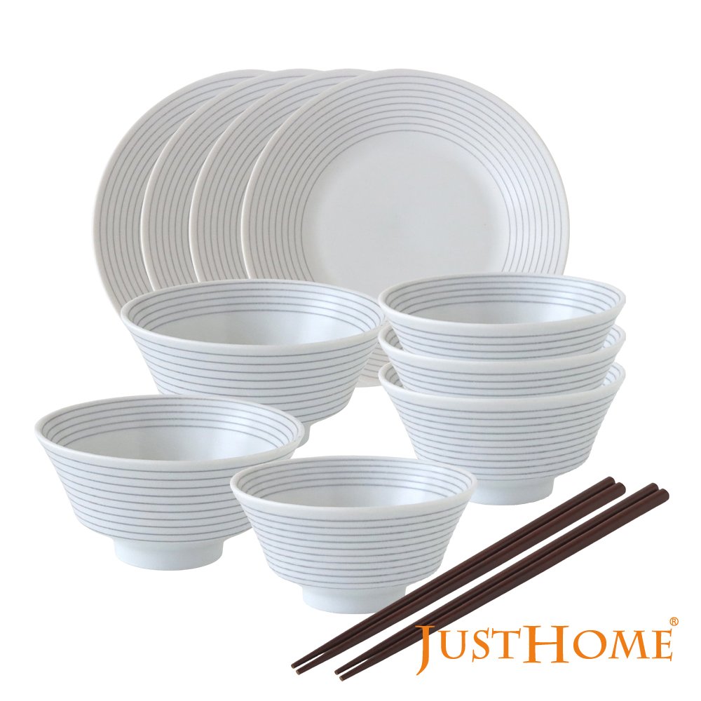 Just Home日本製線沐陶瓷碗盤12件餐具組-飯碗+盤+筷(日本製 飯碗 盤)