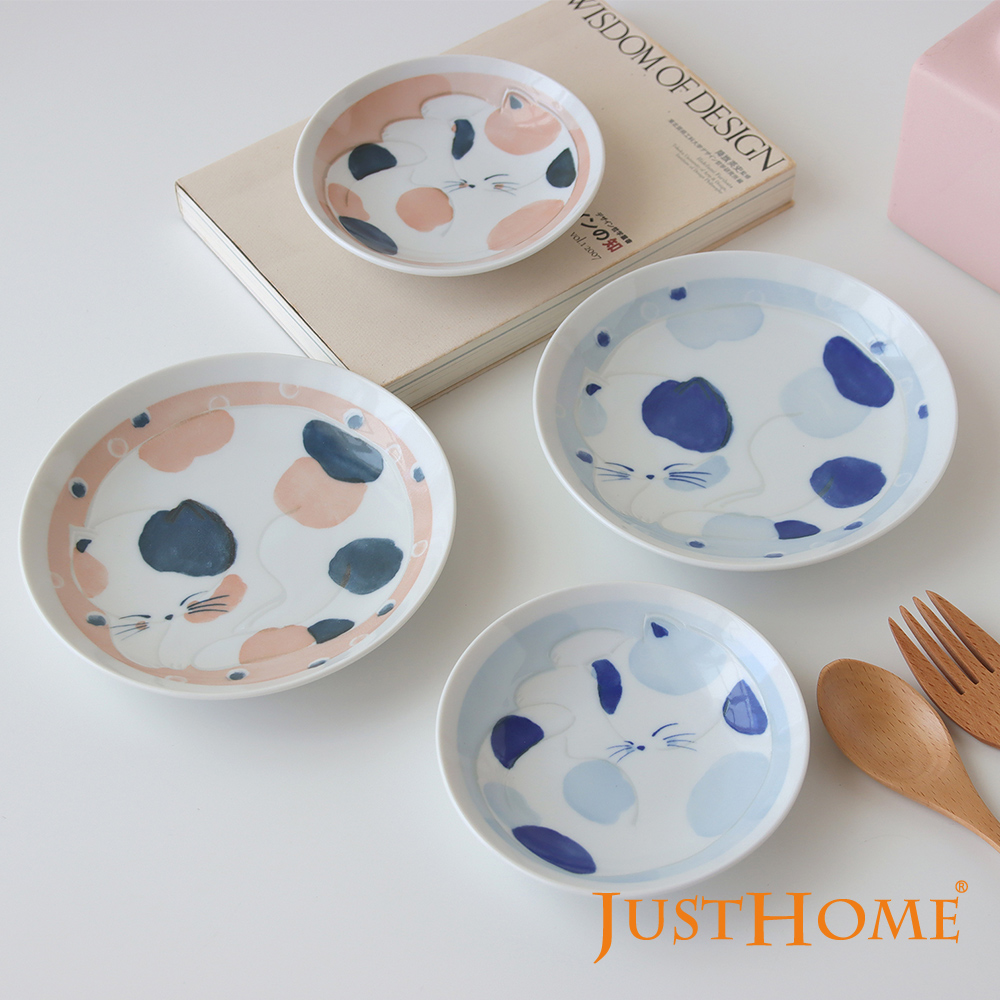Just Home日本三花貓陶瓷餐盤4件組-2種盤型(日本製 點心盤 餐盤)