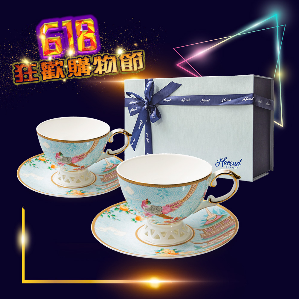 【A&L】五福報喜(藍)-骨瓷咖啡杯對杯組（骨粉含量40%以上 含金成分8-12%）