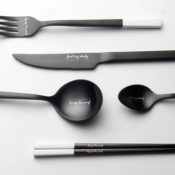 KOTI日安生活 北歐風黑白英文304不鏽鋼餐具組叉勺子筷子4件組-Modern系列