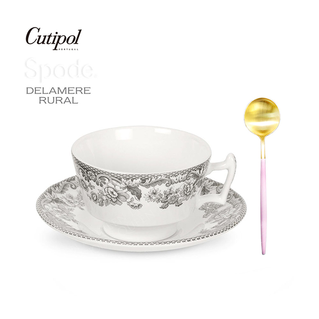 【貴族禮組】葡萄牙Cutipol-粉金咖啡匙+英國Spode-200ml杯盤組-黑禮盒裝