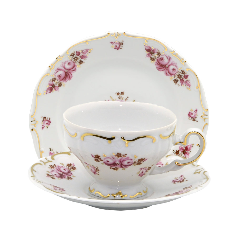 德國Weimar-凱瑟琳娜經典玫瑰系列-24K金 160ml咖啡/花茶杯盤組+24cm餐盤