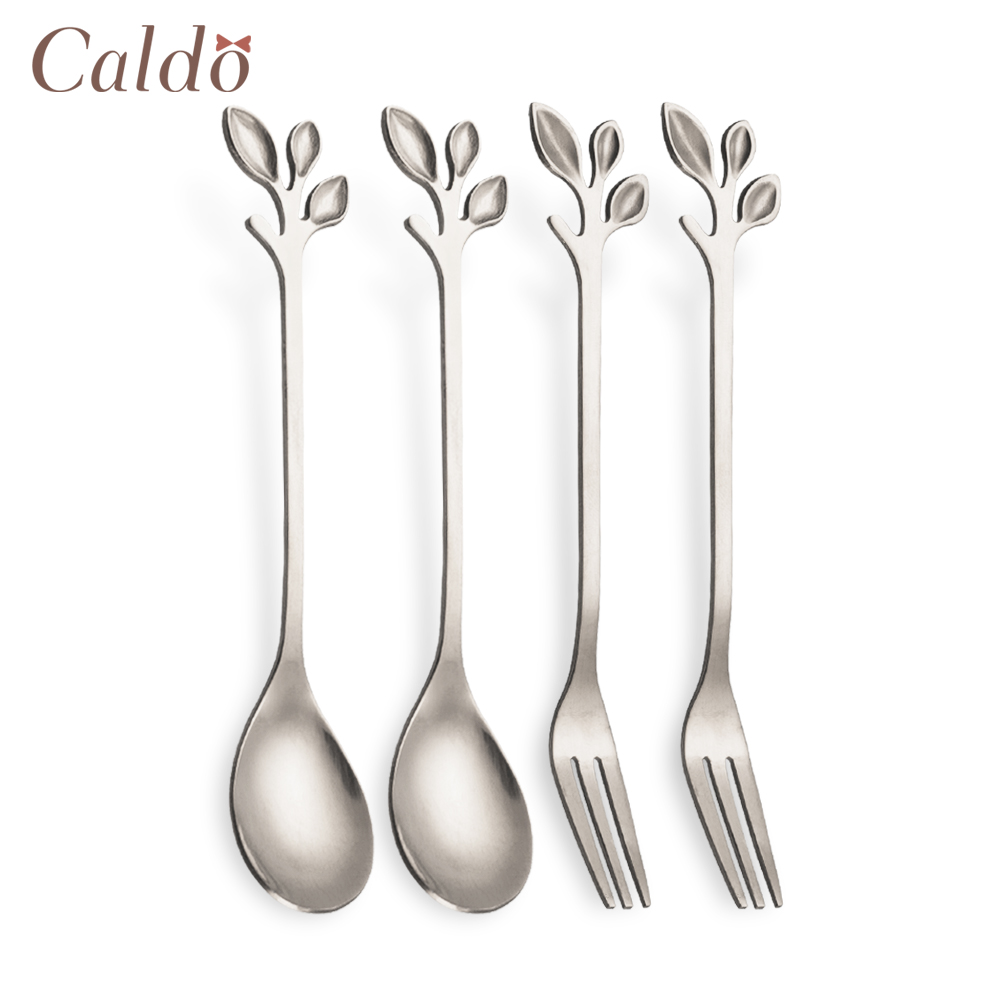 【Caldo卡朵生活】小枝葉造型不鏽鋼叉勺4件組-銀色