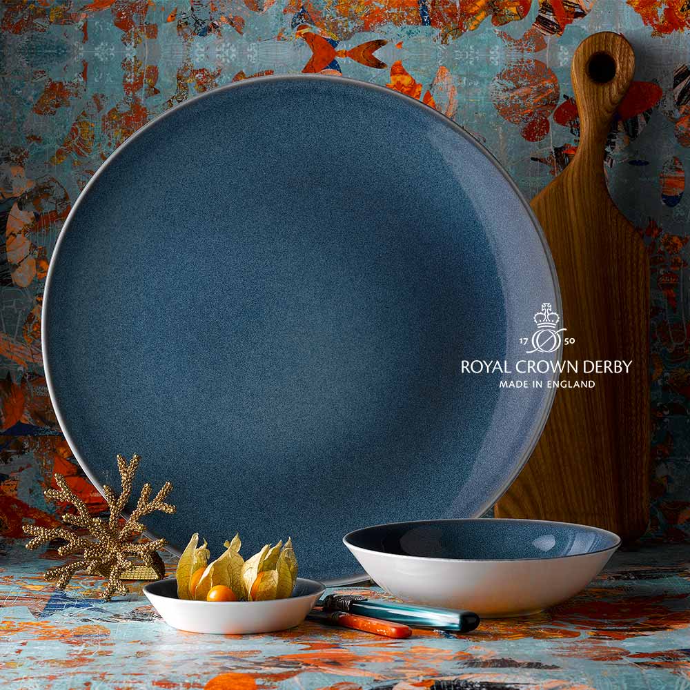 英國Royal Crown Derby-Art Glaze藝術彩釉系列-22.5CM義式餐碗&27cm 盤-滄藍