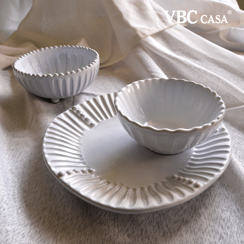 義大利VBC casa-白色條紋系列-碗盤3件組(沙拉盤+有角碗+飯碗)