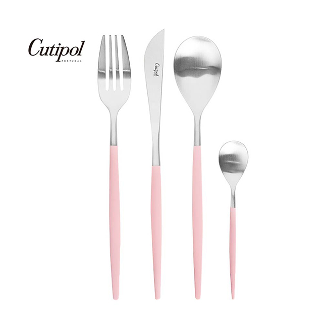 葡萄牙Cutipol MIO系列-粉柄霧面不銹鋼-21.5cm主餐刀叉匙12cm咖啡匙-4件組