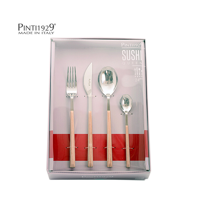 義大利PINTINOX 24件餐具禮盒組-主餐刀叉匙咖啡匙-仿樺木淺棕