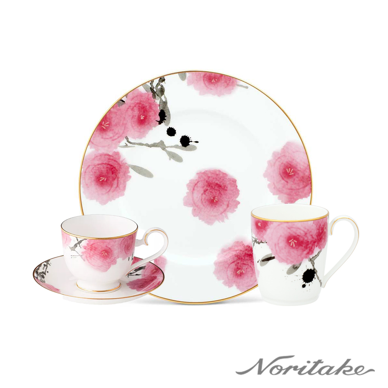 【Noritake】紅纓花瓣-單人5件組下午茶(咖啡杯+馬克杯+點心盤)