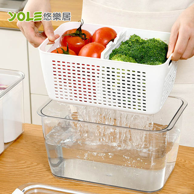 【YOLE悠樂居】日本SP SAUCE雙層瀝水籃透氣扣式大保鮮盒(無隔板+兩分隔)