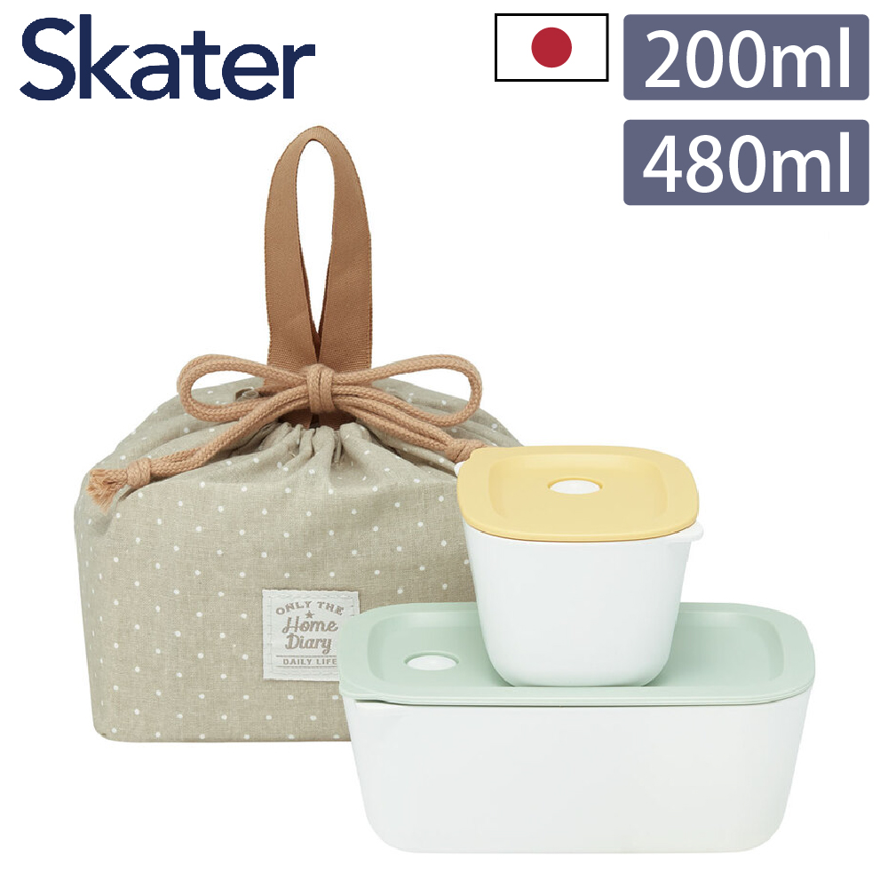 【Skater】日本製便當盒黃色200ml+綠色480ml+束口便當提袋3件組
