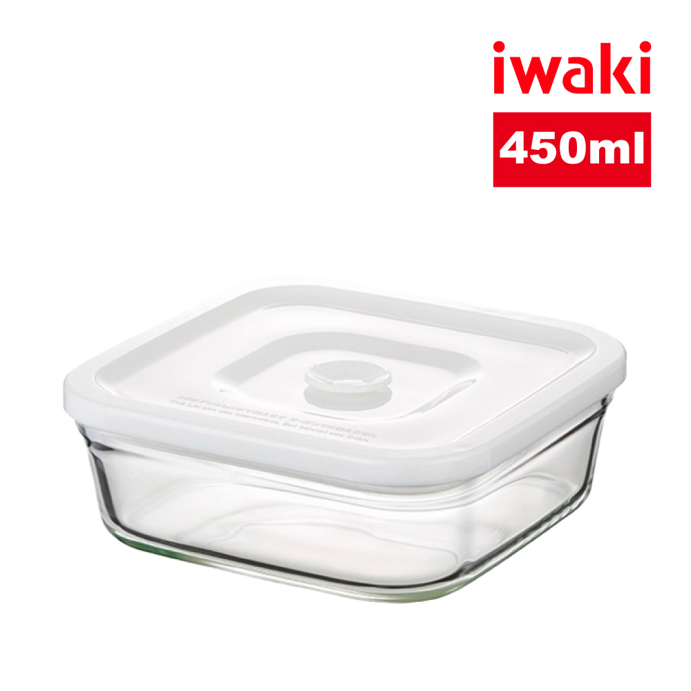 【iwaki】日本品牌耐熱玻璃方形微波密封盒(白蓋)-450ml