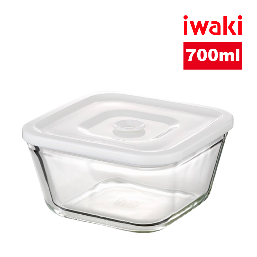 【iwaki】日本品牌耐熱玻璃方形微波密封盒(白蓋)-700ml