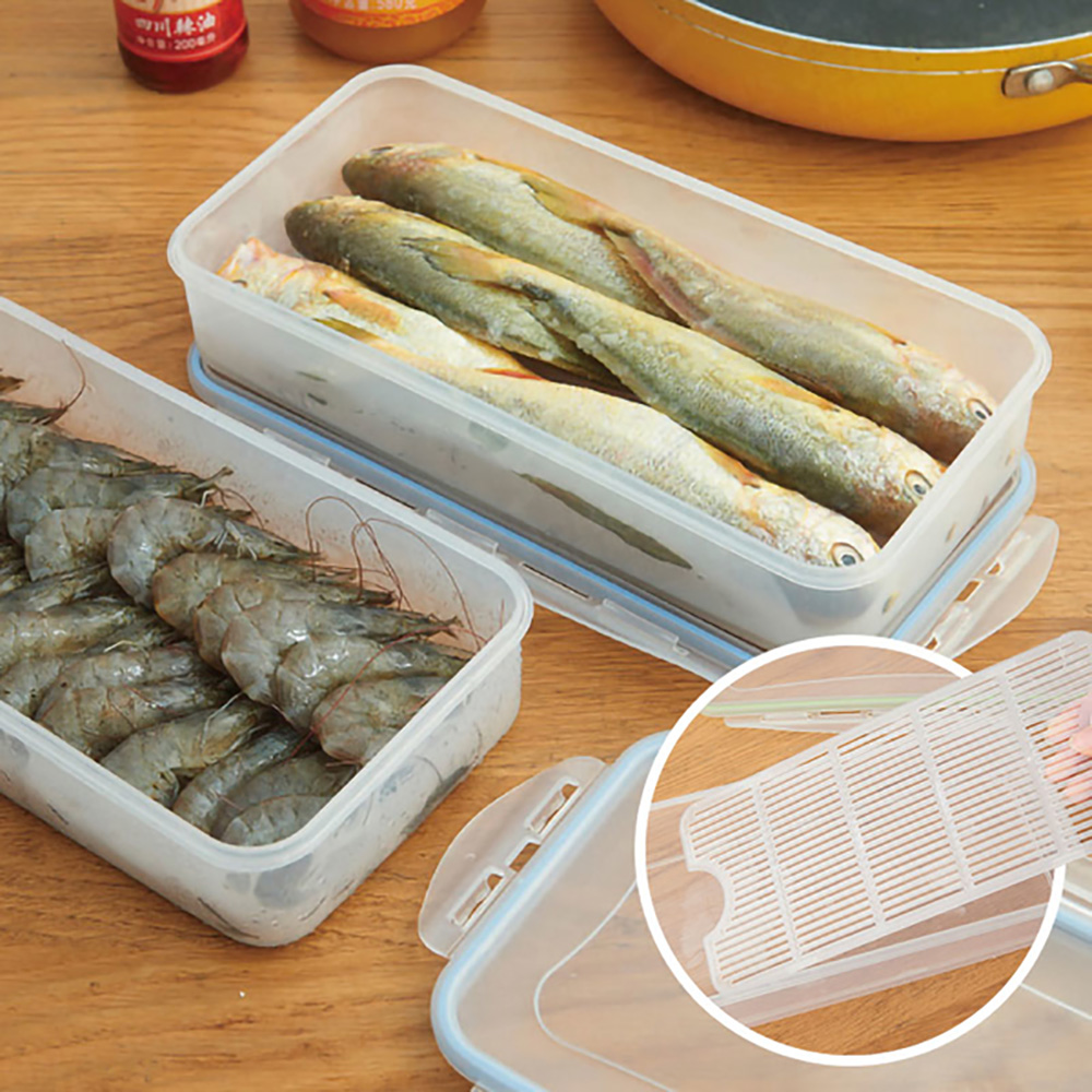 長方形可瀝水海鮮肉類保鮮盒 瀝水盤冰箱冷凍盒 蔬果密封盒 水果收納盒 食品分類盒 隨機出貨