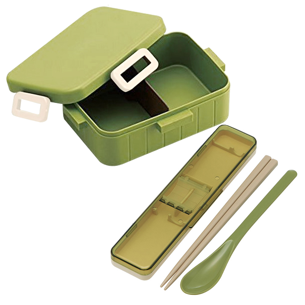 【日系簡約】日本製 無印風便當盒 保鮮餐盒 650ML+筷子湯匙組18CM-原野綠(日本境內版)