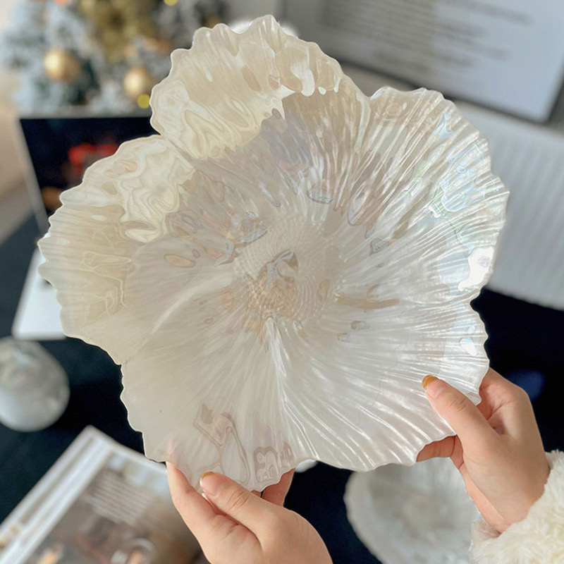 高階珠光花朵水晶玻璃水果盤 居家輕奢簡約茶盤 甜點盤 零食託盤【小款】
