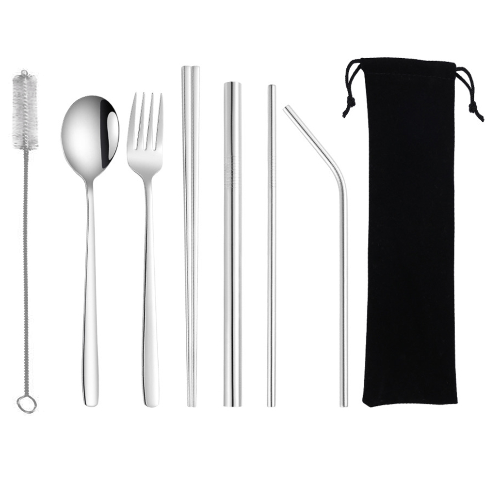 PUSH!餐具用品鍍鈦環保彩色304不銹鋼勺子筷子套裝吸管8件套裝(1入組)E135不鏽鋼色