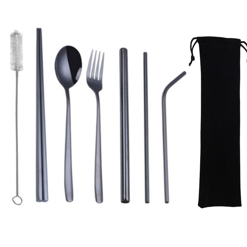 PUSH!餐具用品鍍鈦環保彩色304不銹鋼勺子筷子套裝吸管8件套裝(1入組)E135黑色