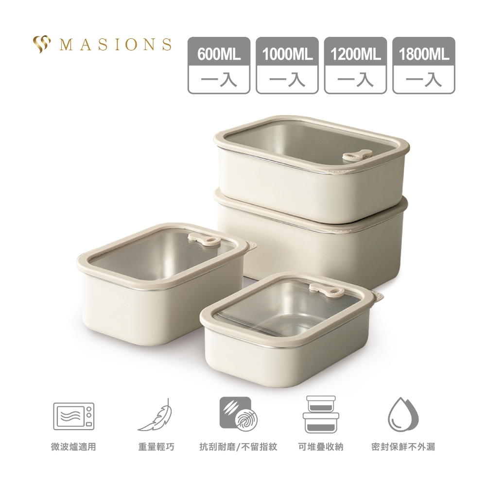 【MASIONS 美心】PLUSH 活悅 可微波 頂級不鏽鋼矽膠玻璃蓋抗刮耐磨多功能保鮮盒 大容量豪華4件組