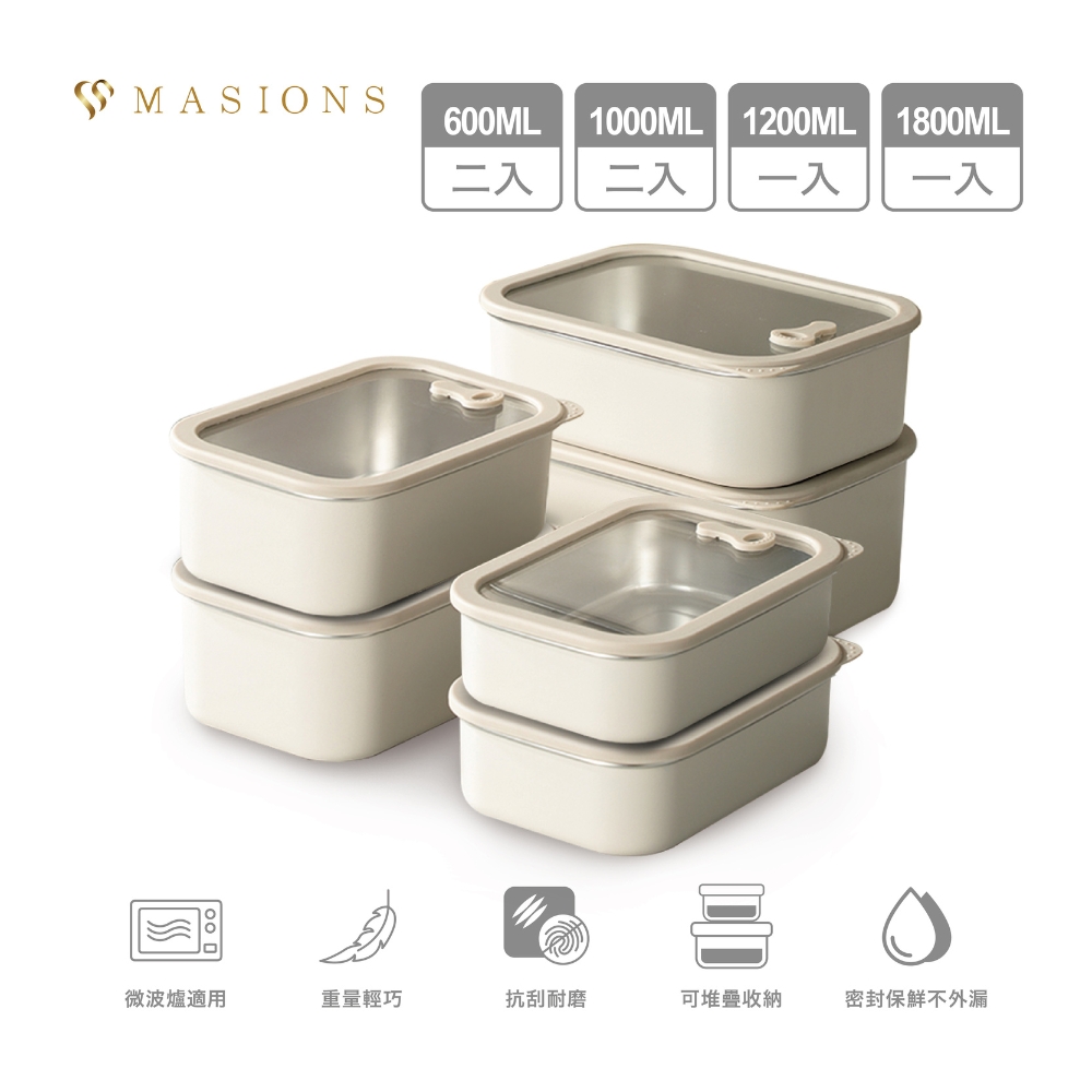 【MASIONS 美心】PLUSH 活悅 可微波 頂級不鏽鋼矽膠玻璃蓋抗刮耐磨多功能保鮮盒大容量豪華6件組