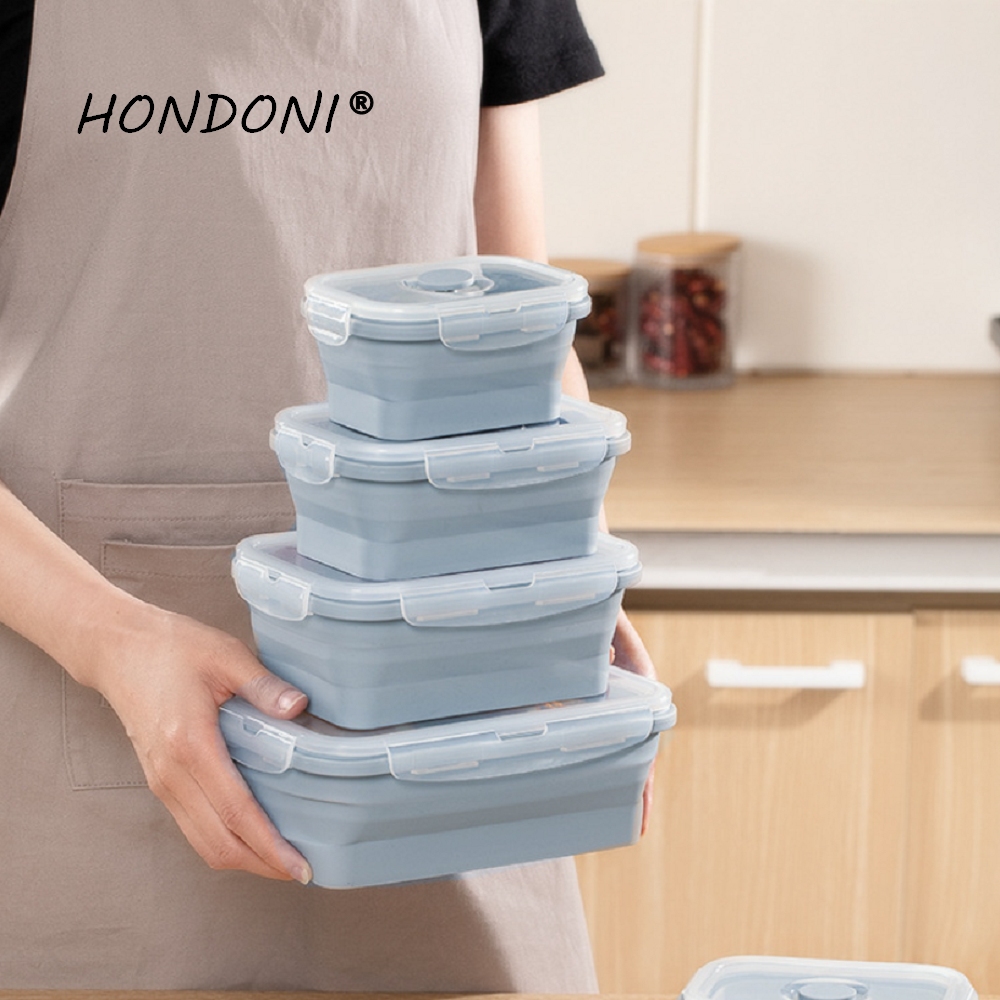 HONDONI 廚房拾光 矽膠摺疊保鮮盒四件組+雙口保冷保溫袋 方形星空藍