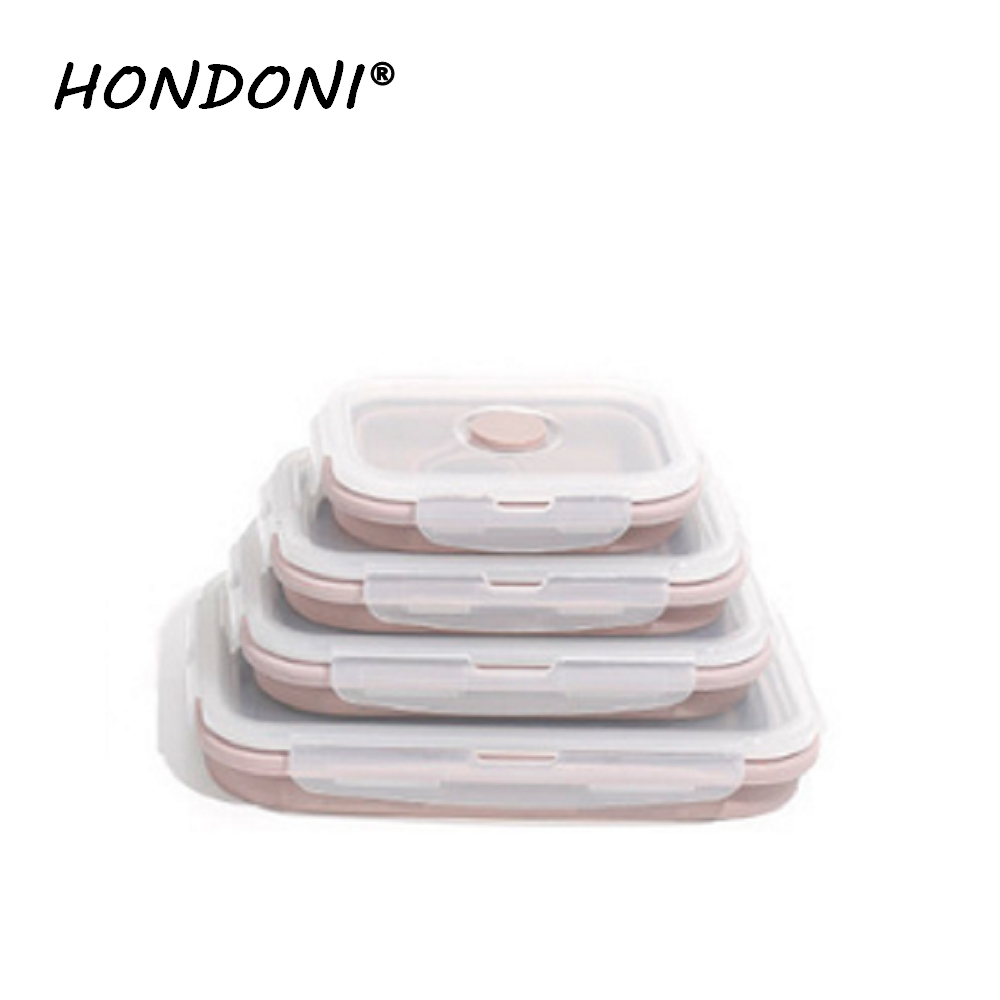HONDONI 廚房拾光 矽膠摺疊保鮮盒四件組+雙口保冷保溫袋 方形浪漫粉