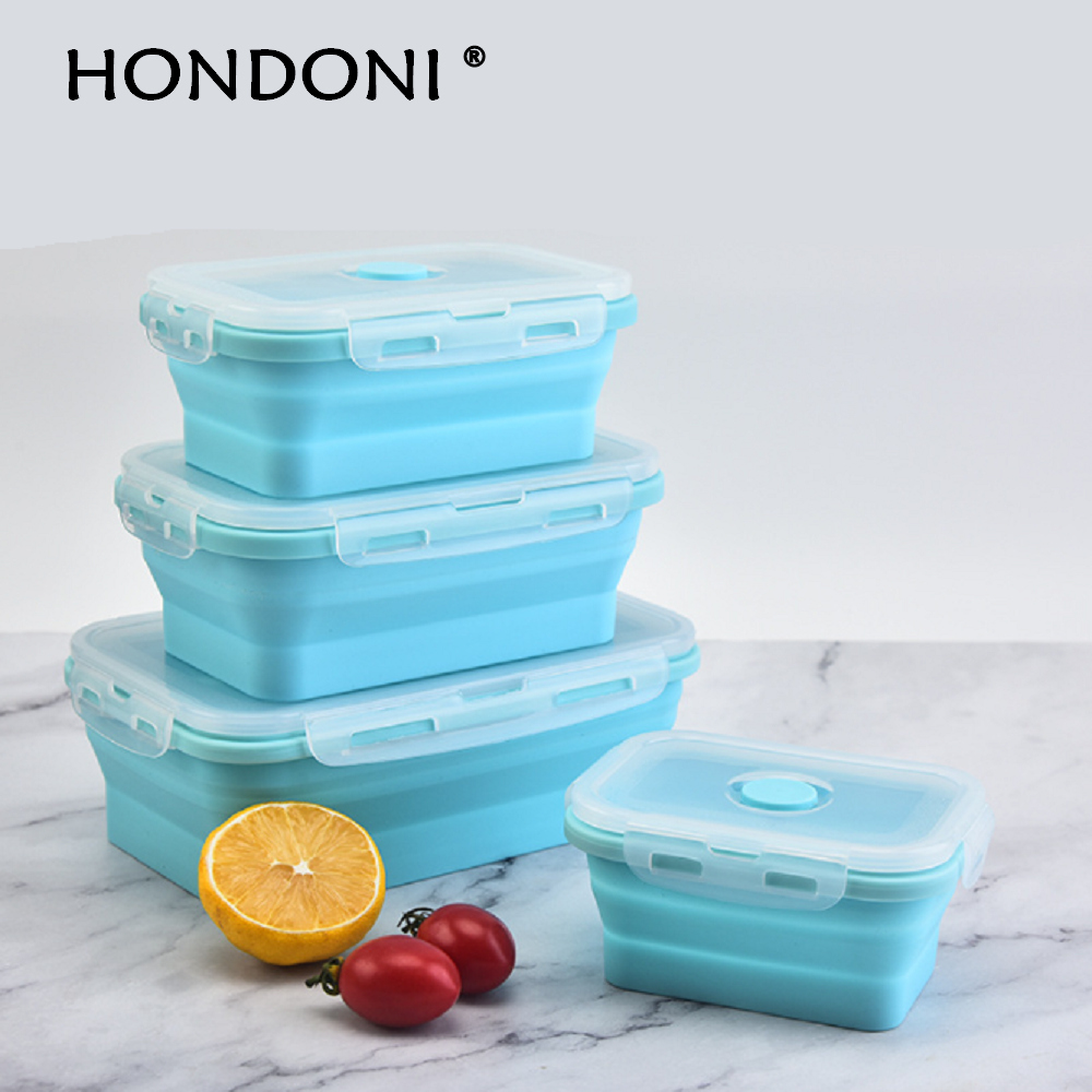 HONDONI 廚房拾光 矽膠摺疊保鮮盒四件組+雙口保冷保溫袋 (水藍色)
