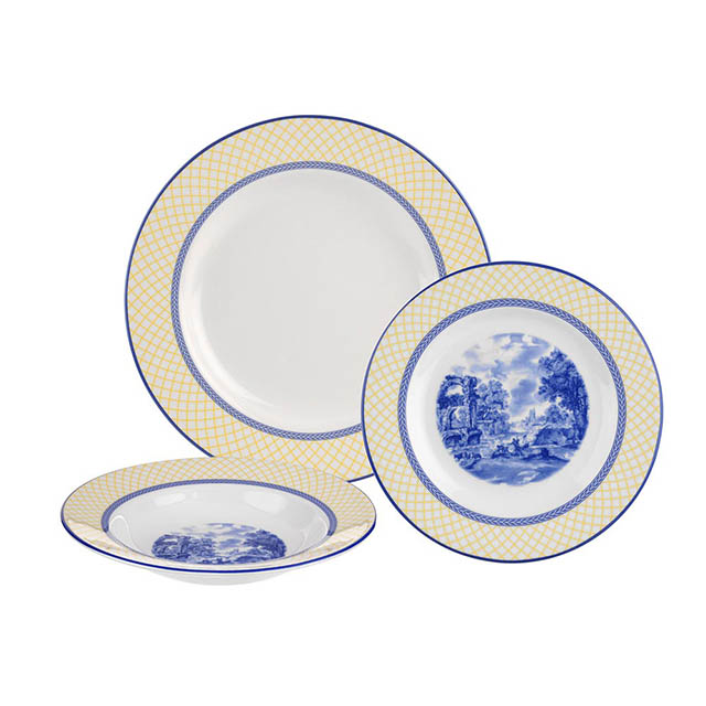 英國Spode-Blue Italian 典藏義大利藍系列（200週年Giallo網格紀念款）-三件餐具組-附原裝彩盒