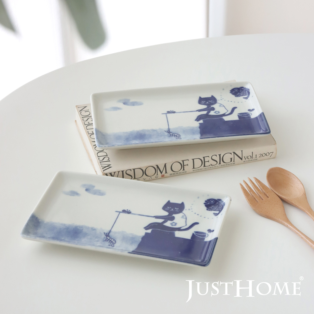 Just Home日本製喵星陶瓷9.2吋長方餐盤2件組/手繪感貓咪圖案/餐盤