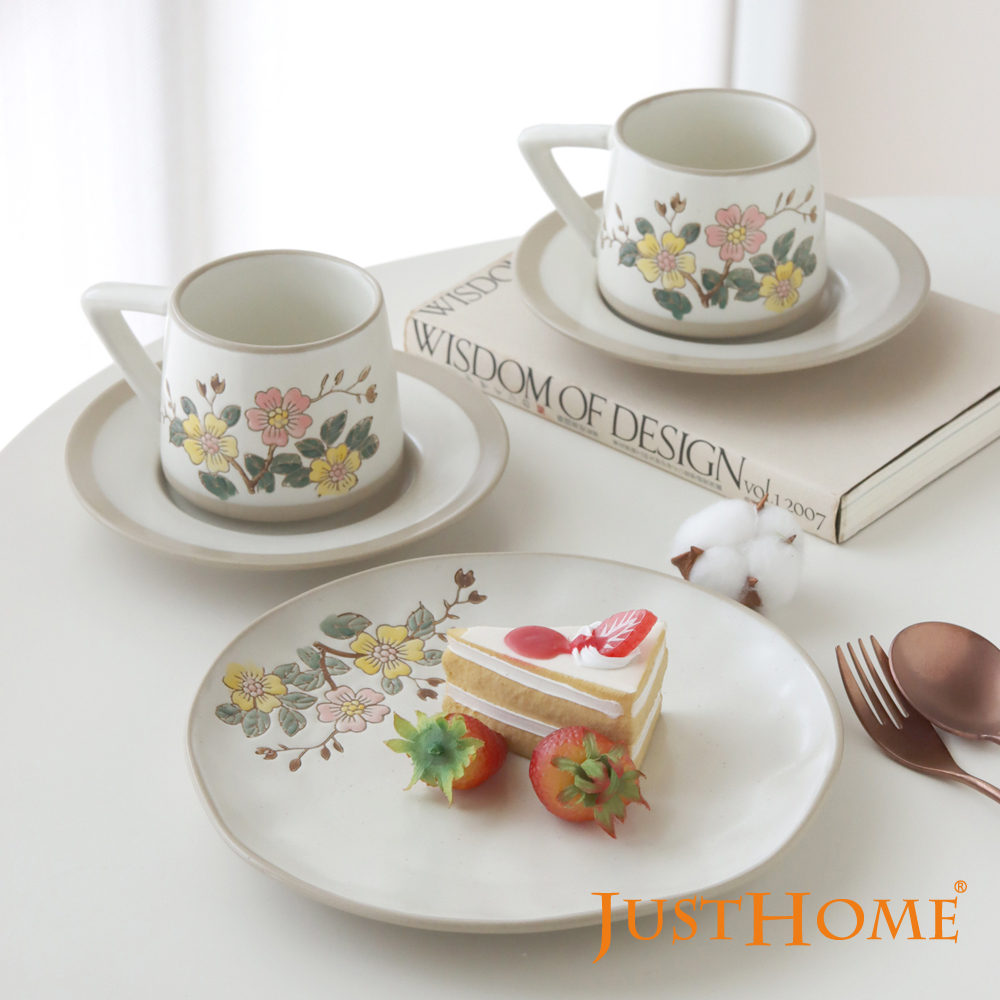 Just Home芸語手繪浮雕花卉陶瓷午茶5件組(咖啡杯盤2組+蛋糕平盤1個)