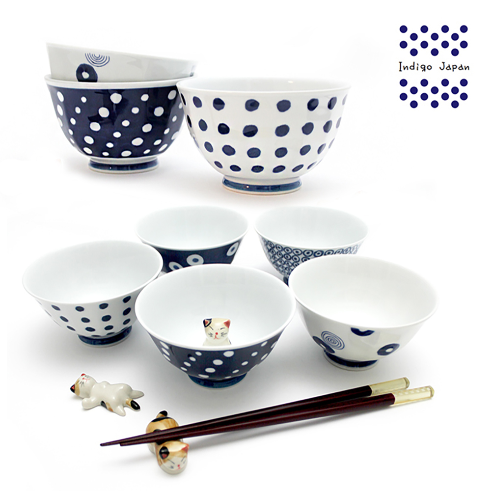 【西海陶器】日本輕量瓷波佐見燒5入飯碗組+3入碗公組-藍丸紋